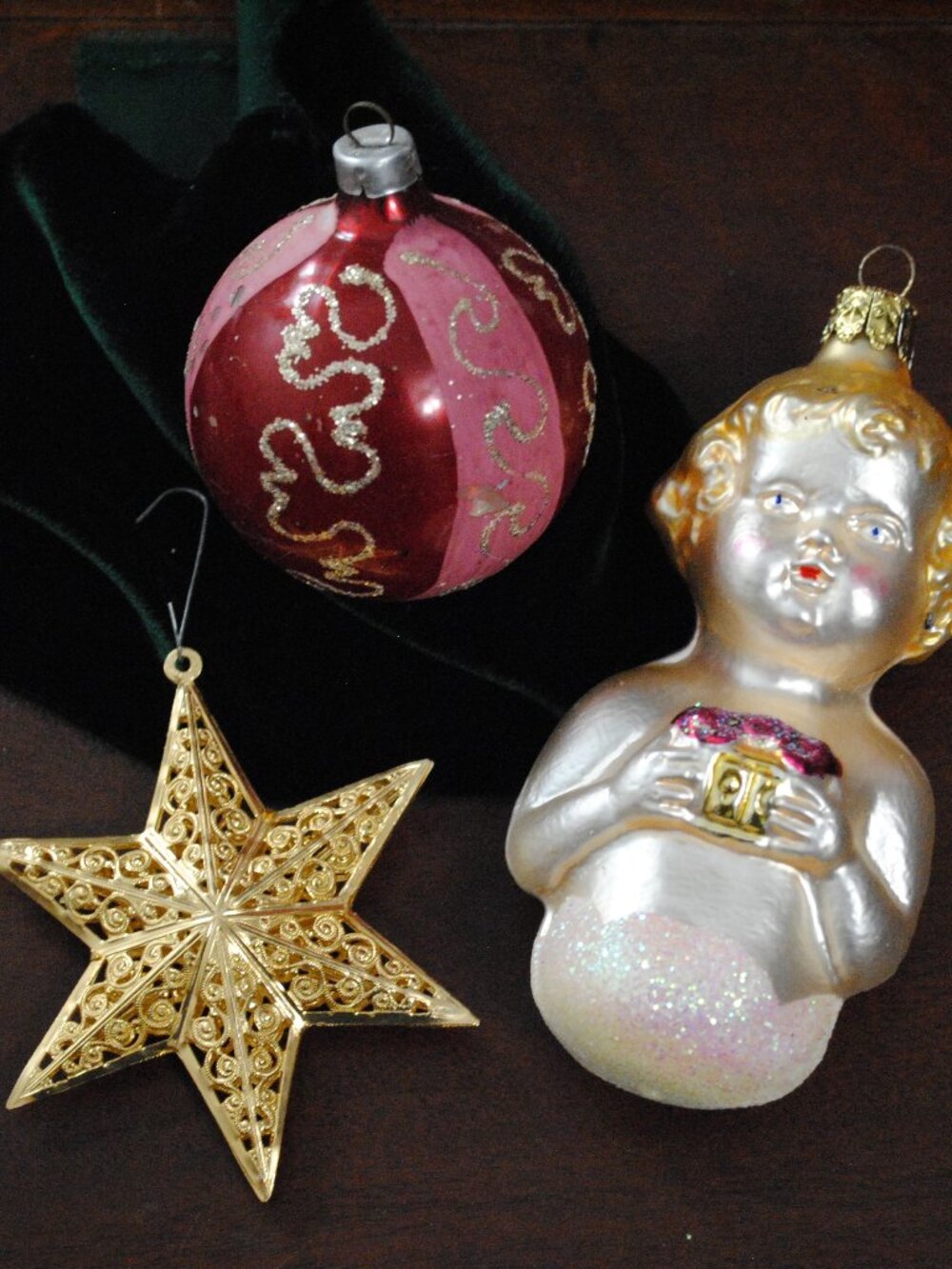 Lot of 3 Vintage Christmas Ornaments West Germany Glass Ball, Star, & Cherub